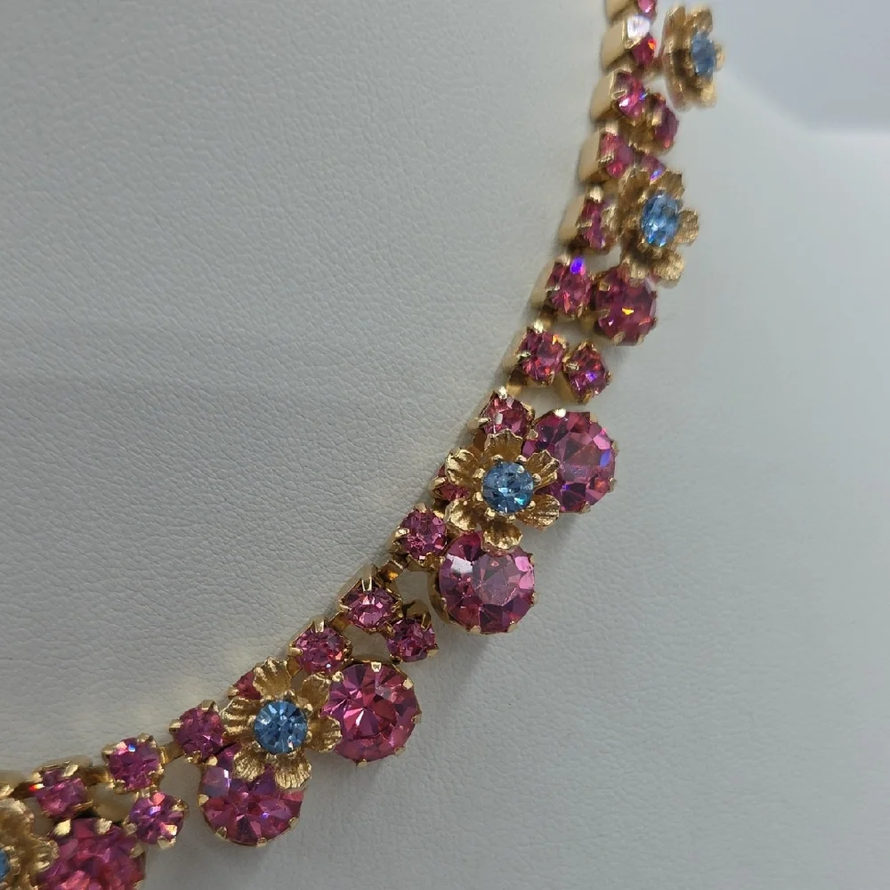 Elegant Pink and Blue Floral Necklace and Earring Set